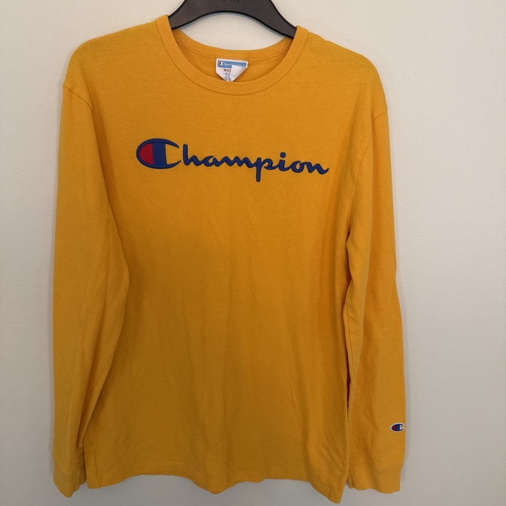 Champion Long Sleeve T-Shirt Yellow Logo Crew Neck Size Medium Vintage